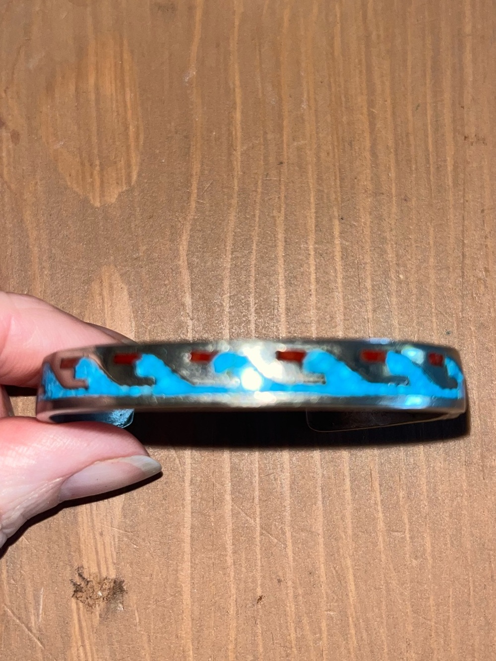 Handmade sterling silver chip turquoise coral design 1980’s vintage cuff petite